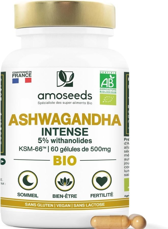 Flacon d’ashwagandha bio KSM-66, 60 gélules de 500 mg