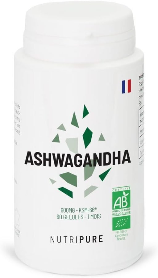 Flacon d’ashwagandha bio Nutripure, 60 gélules