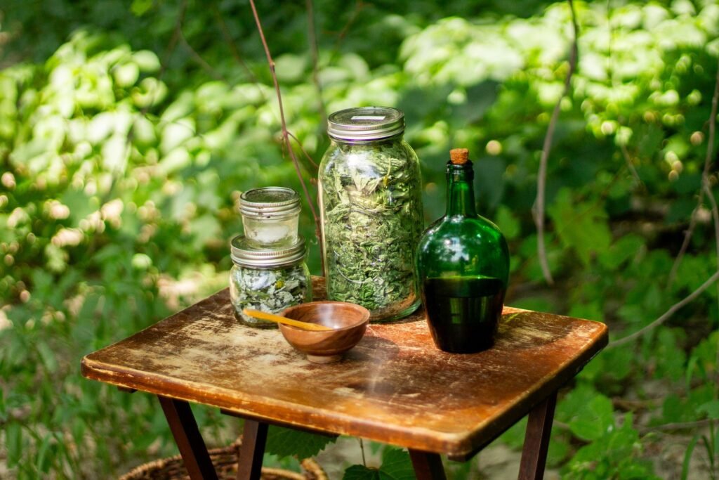 Bocaux de plantes m&eacute;dicinales s&eacute;ch&eacute;es