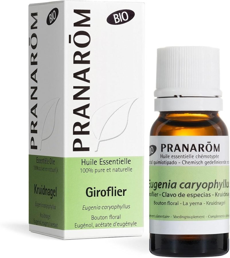 Bo&icirc;te et flacon d&rsquo;huile essentielle de giroflier bio Pranar&ocirc;m