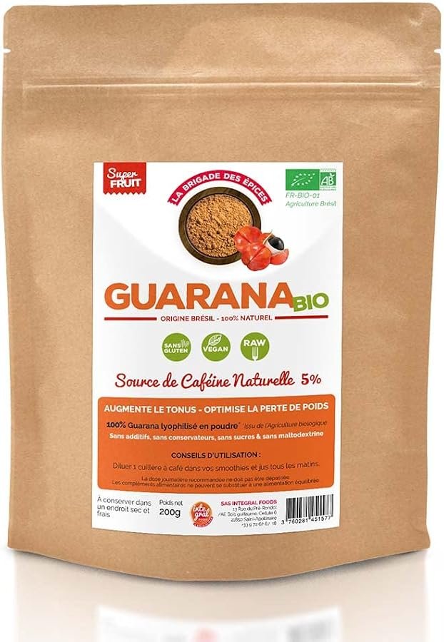 Sachet de guarana bio lyophilisé en poudre titré à 5 % de caféine