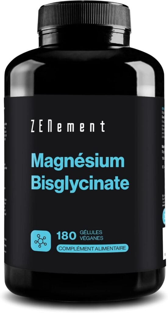 Flacon de magnésium bisglycinate 350 mg, 180 gélules véganes