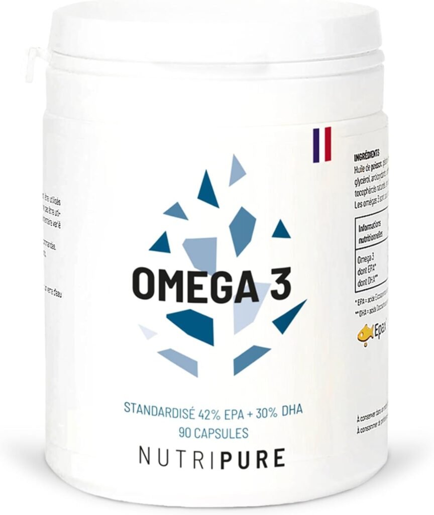 Pot d'oméga 3 Nutripure standardisé en EPA et DHA, 90 capsules
