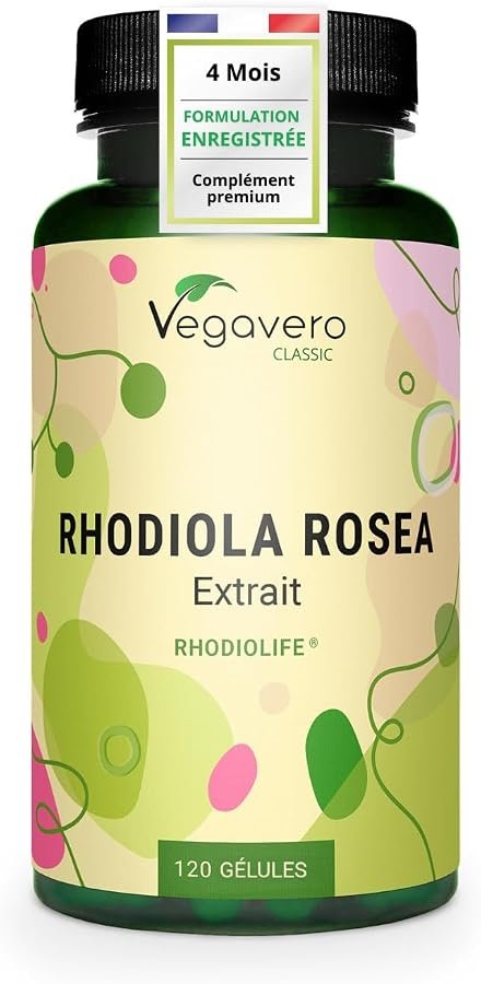 Flacon de Rhodiola Rosea Vegavero, 120 gélules d'extrait Rhodiolife