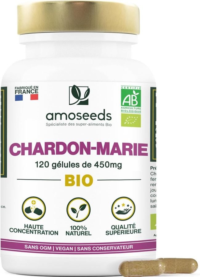 Flacon de chardon-Marie bio, 120 gélules de 450 mg